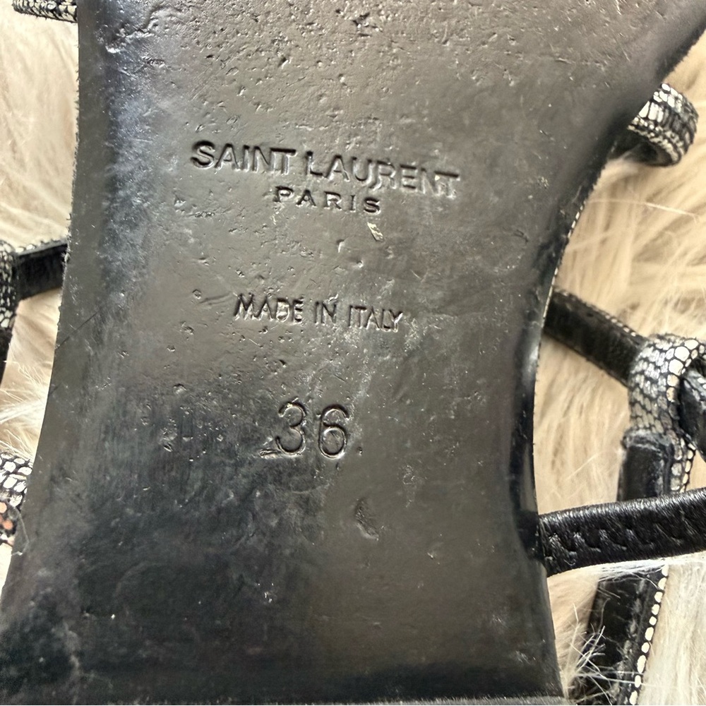 SAINT LAURENT Calfskin YSL Cassandra Monogram Logo Strappy Sandals Metallic 36 - Picture 8 of 11